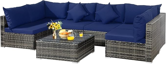 7-Piece Patio Furniture Set, Outdoor Sectional PE Rattan Sofa Set with Cushions and Tempered Glass Coffee Table, All-Weather Conversation Set for Backyard (Navy Blue)
