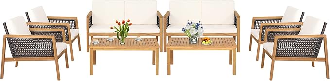 8 Pieces Outdoor Acacia Wood Furniture Set, Outdoor PE Wicker Conversation Set with Coffee Table and Soft Cushions, Outdoor Sofa Set for Garden, Poolside and Backyard (2, Off White)
