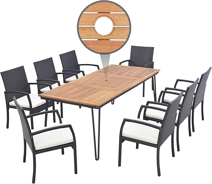 Tangkula 9 Pieces Patio Rattan Dining Set with Acacia Wood Table, Heavy Duty Outdoor Table and Chairs Set with Soft Cushions and 1.9 Inches Umbrella Hole, for Backyard, Garden and Poolside
